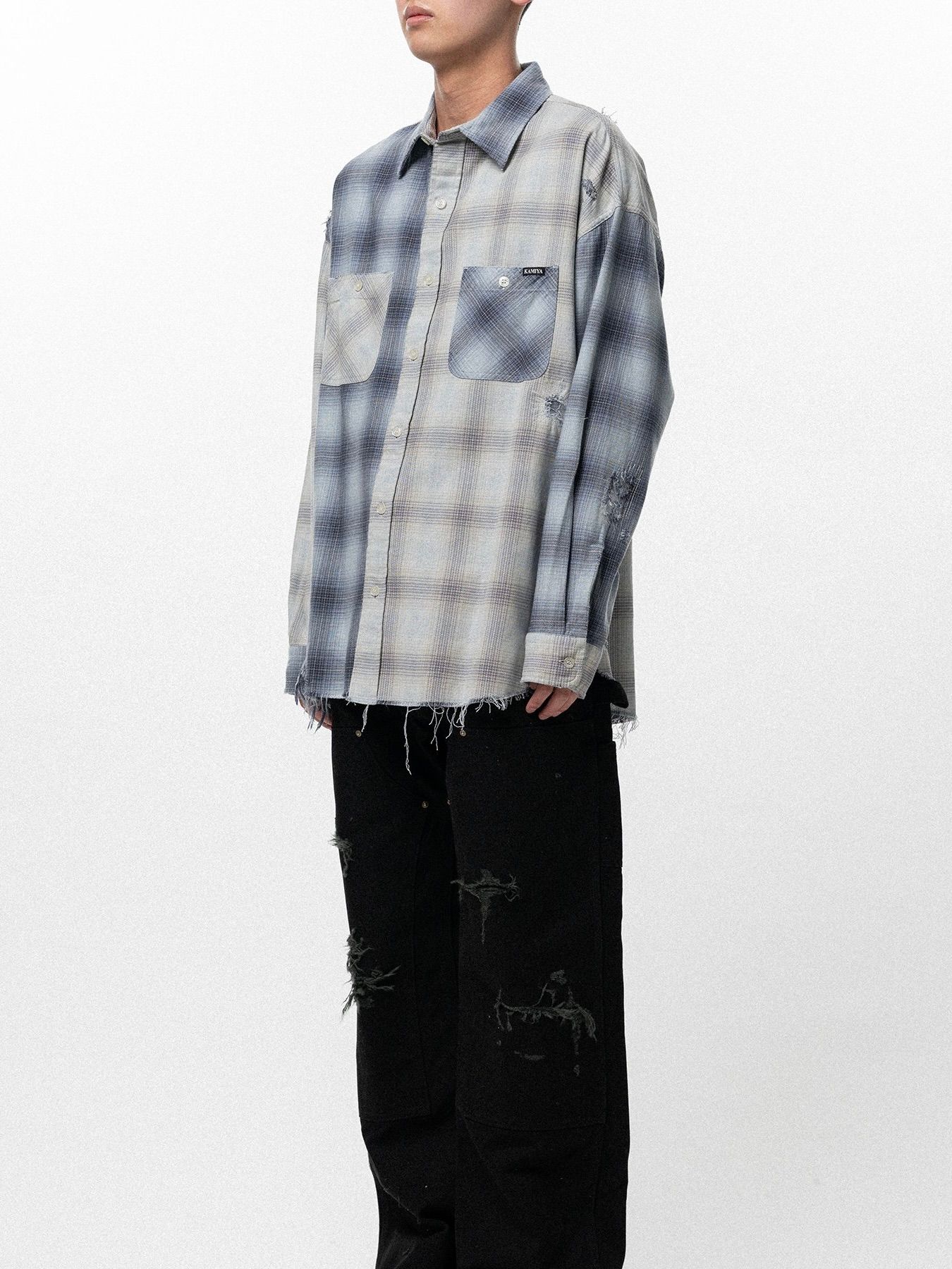 【26SS】リペアド クレイジー チェック シャツ / REPAIRED CRZY CHECK SHIRT / ブルー