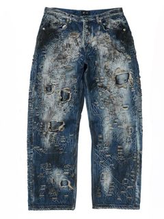 【25AW】ハードウォッシュド ダメージ デニム パンツ / HARD-WASHED DAMAGED DENIM PANTS / ブルー