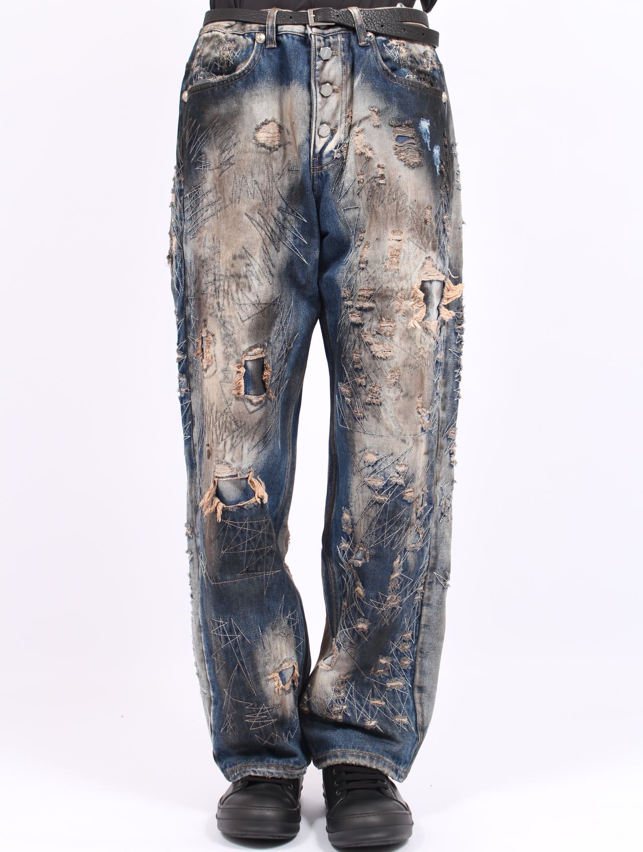 【25AW】ハードウォッシュド ダメージ デニム パンツ / HARD-WASHED DAMAGED DENIM PANTS / ブルー