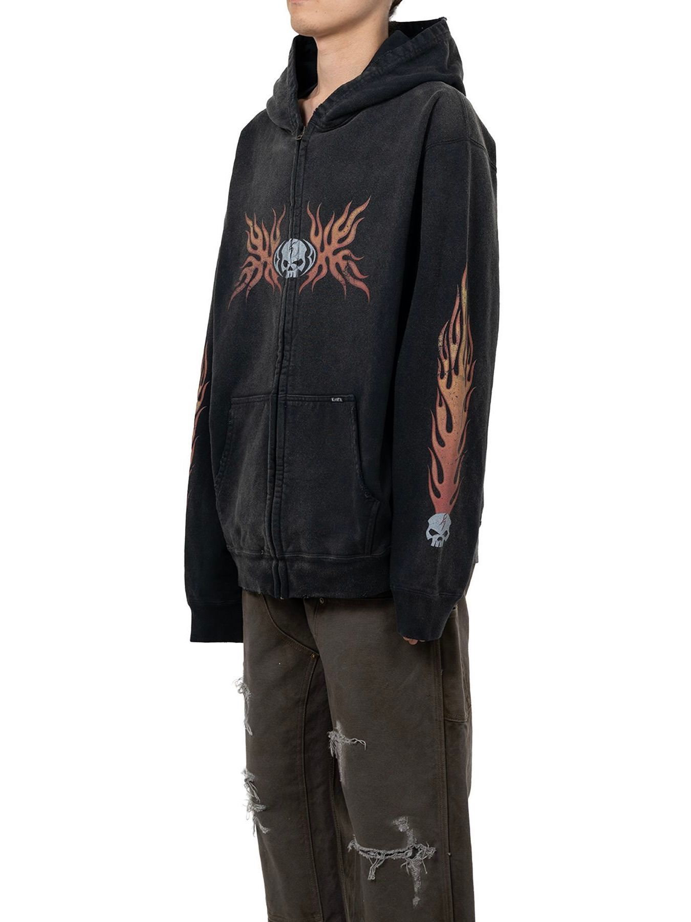 【25AW】スカル フレイム ディストレスド ジップ パーカー / "SKULL FLAME"DISTRESSED ZIP HOODIE / ブラック