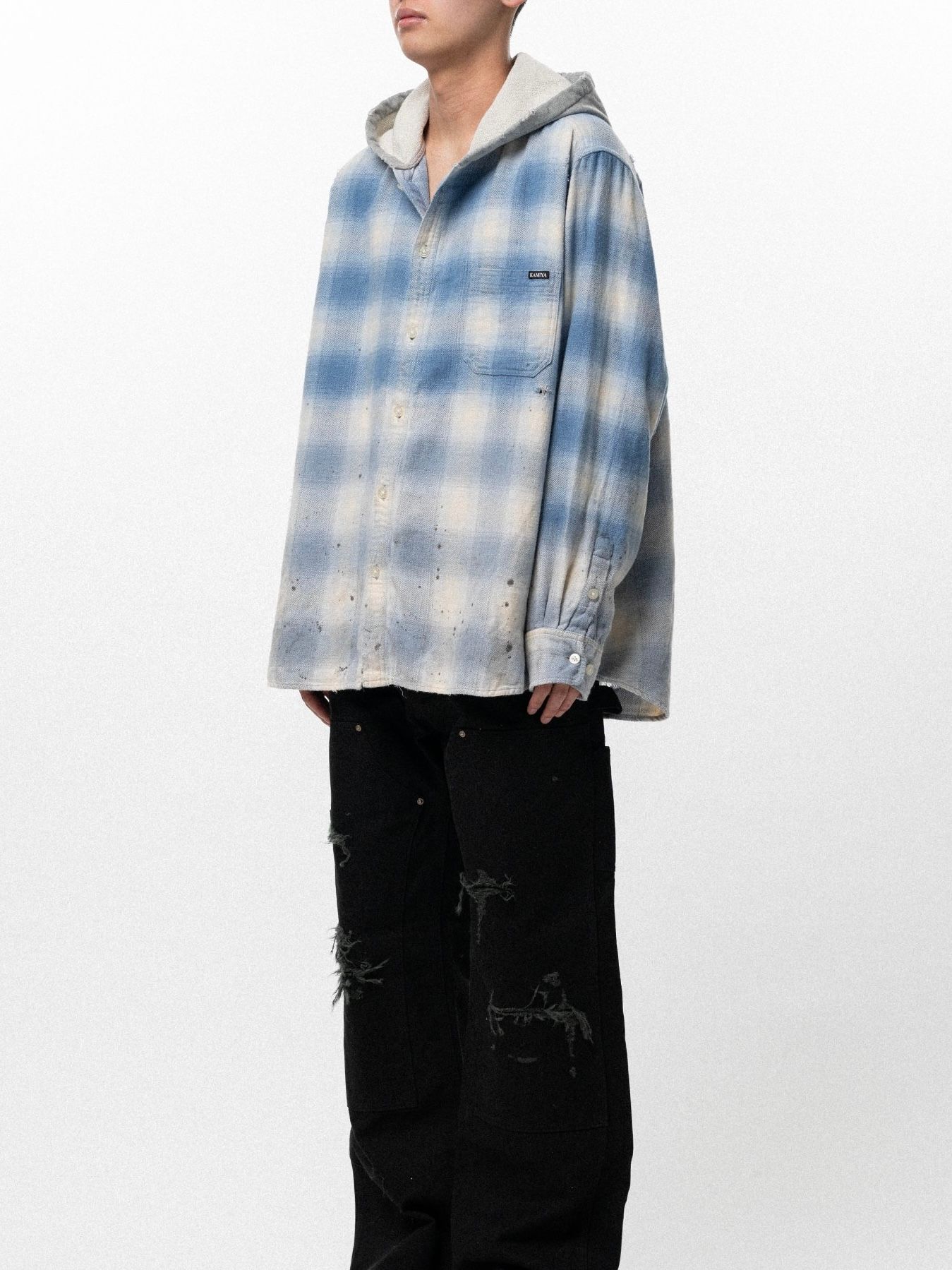 【26SS】ディストレスド フーディッド チェック シャツ / DISTRESSED HOODED CHECKED SHIRT / ブルー