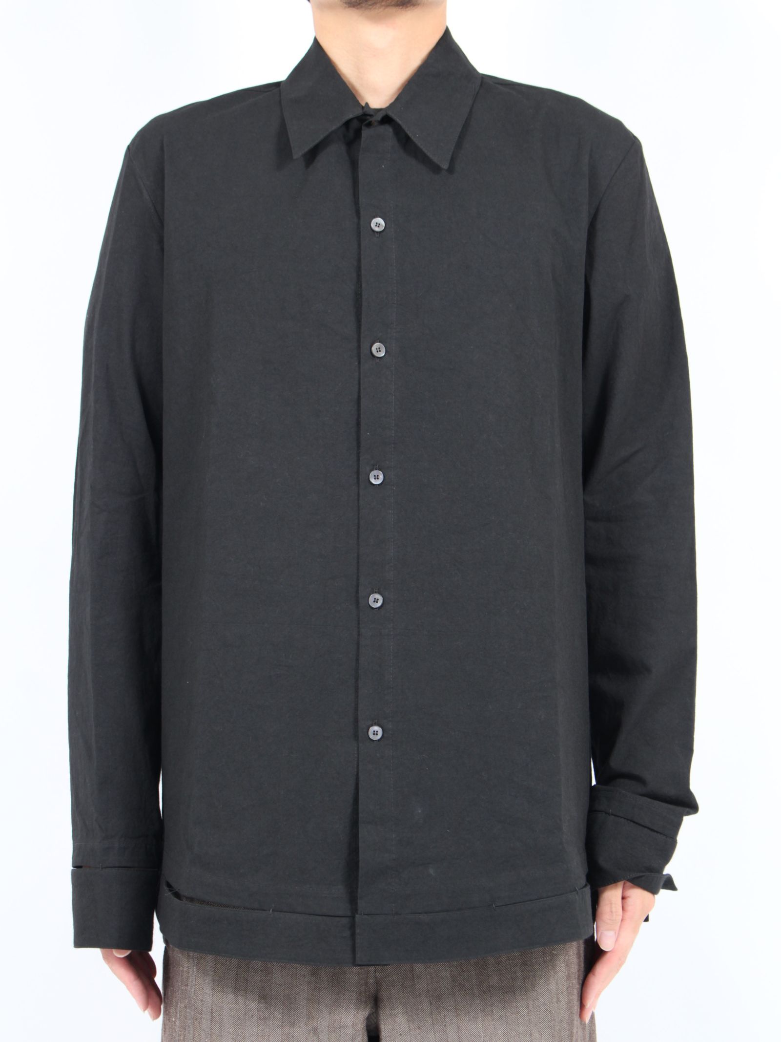【24AW】ハンドステッチ ヘム ボーダー リラックスフィット シャツ / HAND-STITCHED HEM BORDER RELAXED FIT SHIRT / ブラック