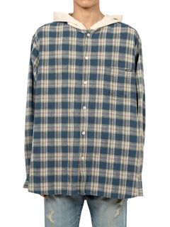 【25SS】ディストレスト チェック シャツフーディー パーカー / DISTRESSED CHECK SHIRT HOODIE / ブルー