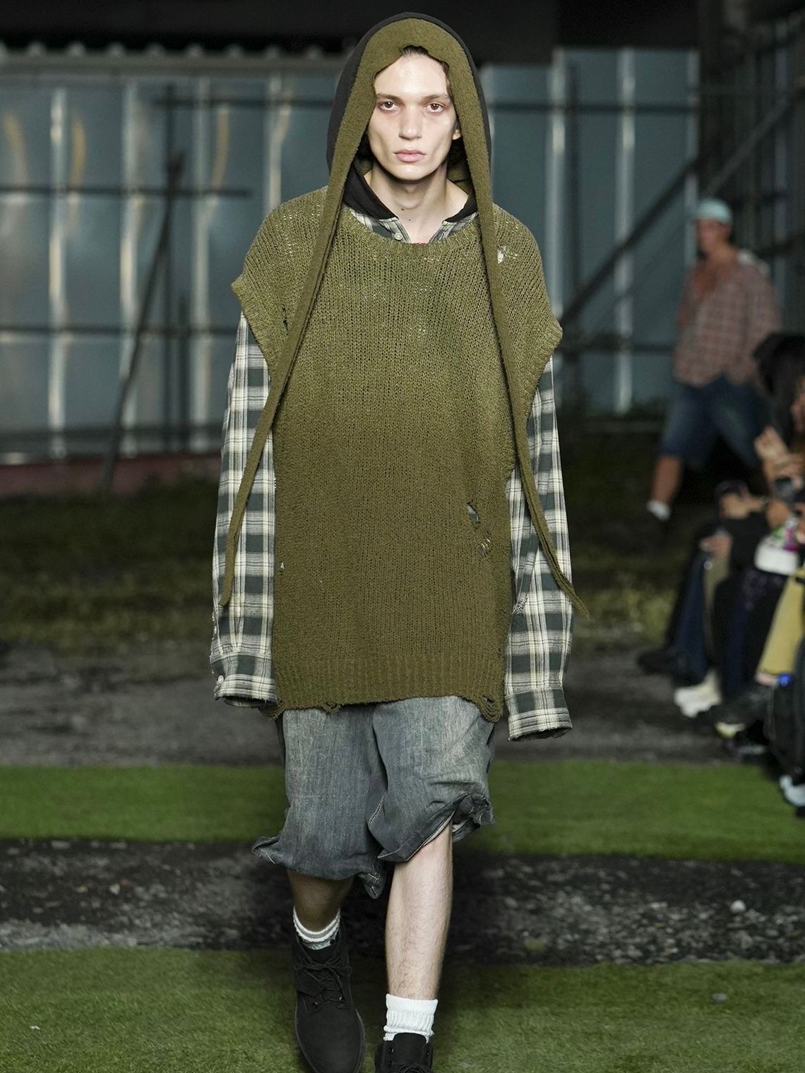 【25SS】ディストレスト チェック シャツフーディー パーカー / DISTRESSED CHECK SHIRT HOODIE / ブルー