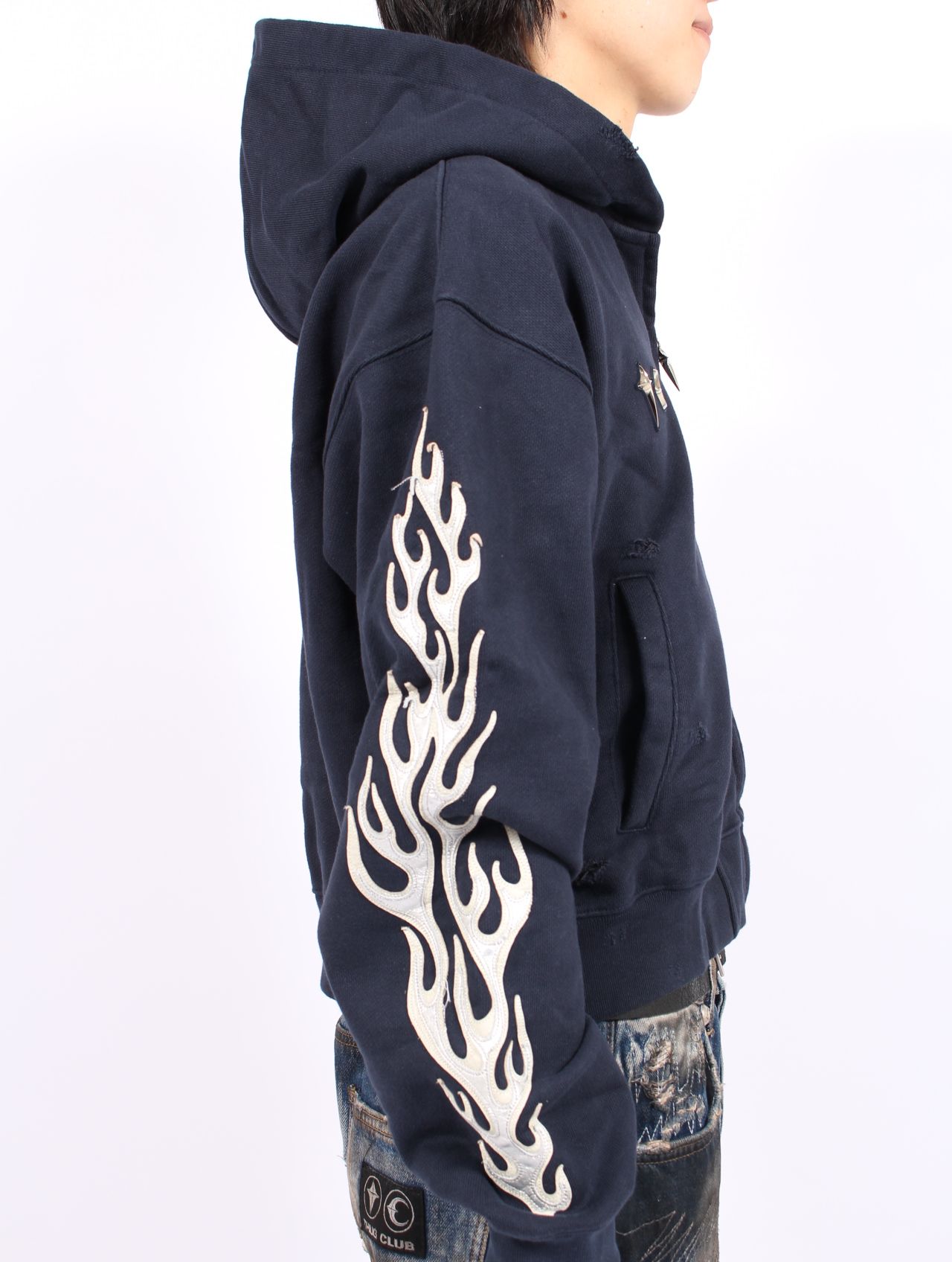 【25AW】レザー フレーム クロップド ジップアップ パーカー / LEATHER FLAME CROPPED HOODED ZIP-UP / ネイビー