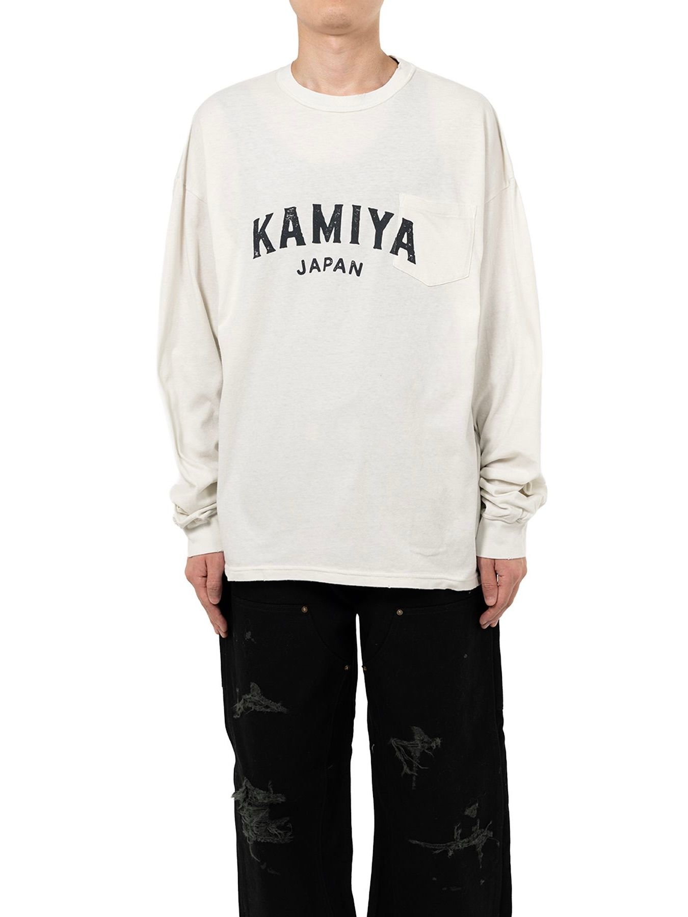【25AW】カミヤ ロゴ ディストレスド ロング ポケット Tシャツ / "KAMIYA LOGO"DISTRESSED L/S POCKET TEE / ホワイト