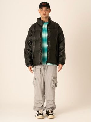 フェイクレザー ダウン ジャケット / PU FAKE LEATHER DOWN JACKET / ブラック
