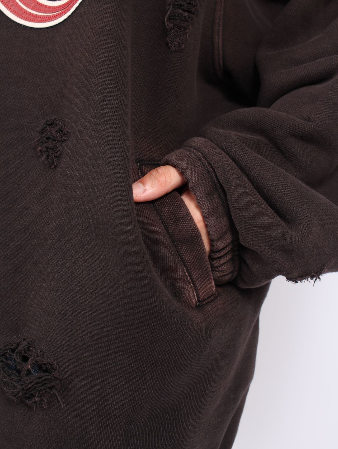 【25AW】ロック フーディー  TCロゴ レザー ダメージ加工 パーカー / ROCK HOODIE / ブラック