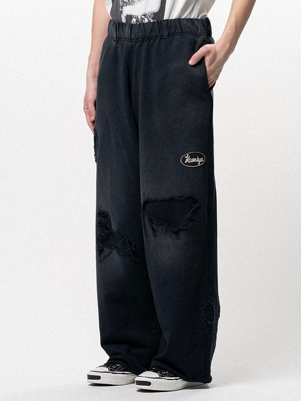 【26SS】リペアド ネイム パッチ ワイド スウェット パンツ / REPAIRED NAME PATCH WIDE SWEAT PANTS / ブラック