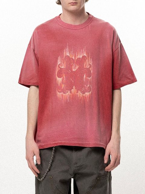 【26SS】"クレヨン フレーム" ディストレスド カミヤ Tシャツ / ”CRAYON FLAME" DISTRESSED TEE / レッド
