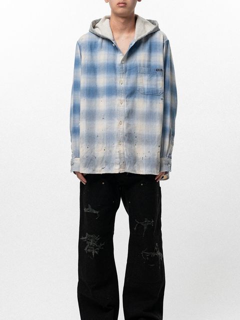 【26SS】ディストレスド フーディッド チェック シャツ / DISTRESSED HOODED CHECKED SHIRT / ブルー