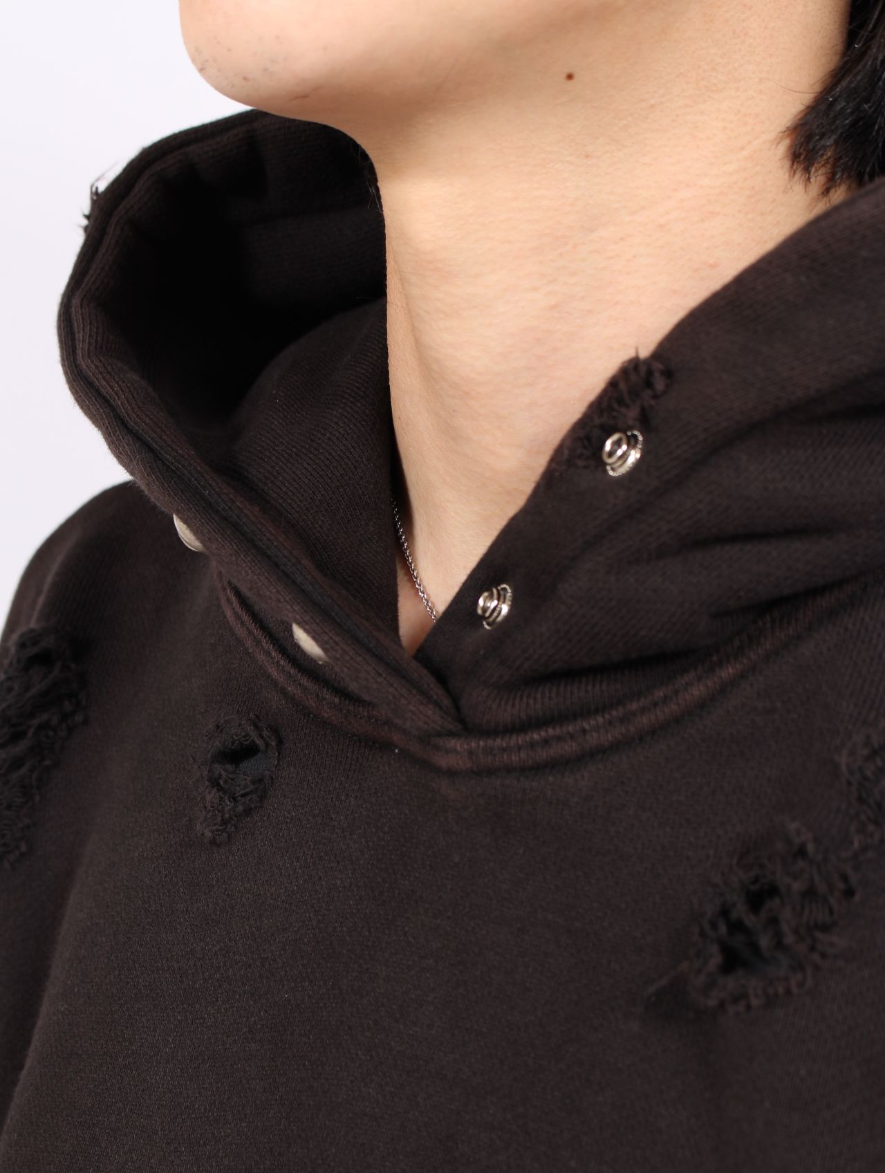【25AW】ロック フーディー  TCロゴ レザー ダメージ加工 パーカー / ROCK HOODIE / ブラック
