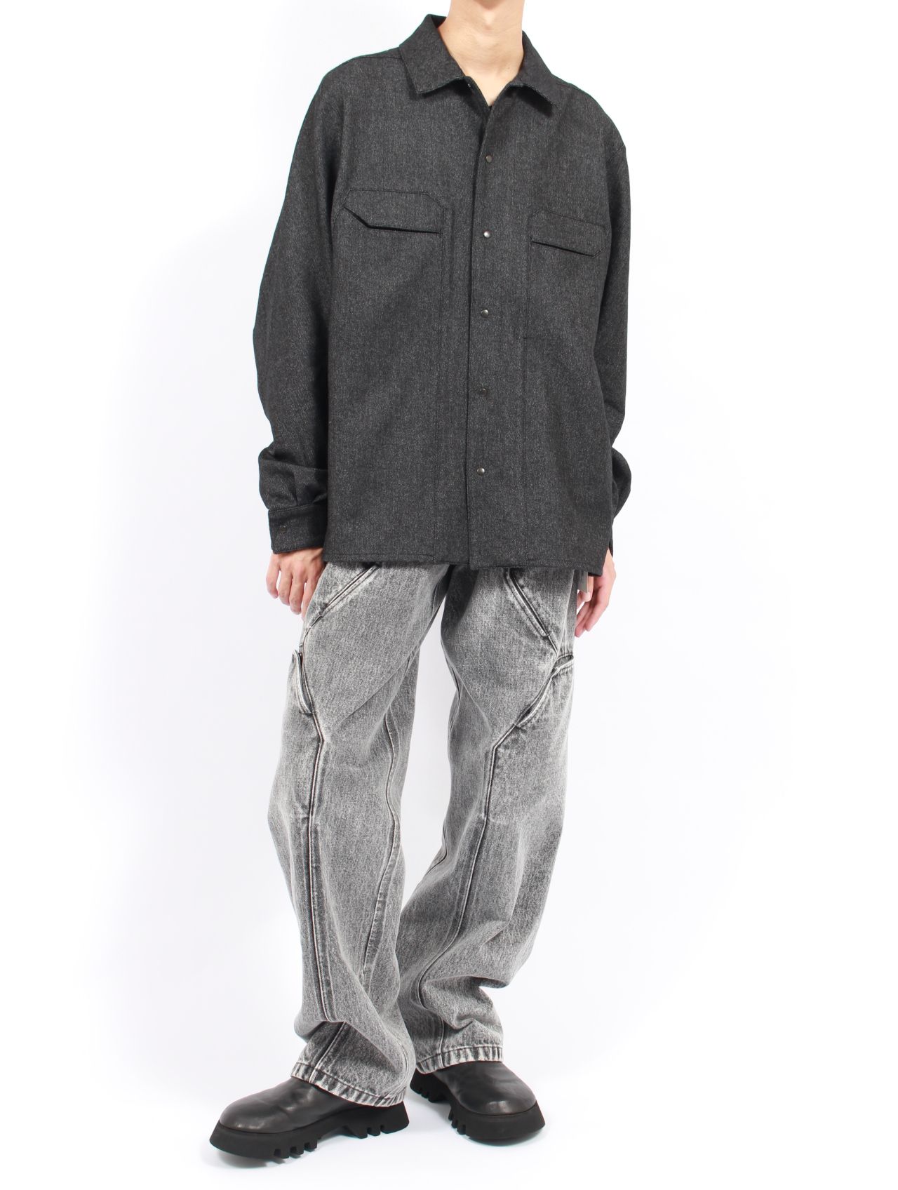 【25AW】ウール カシミヤ パネル 尾州産 ウール 長袖 シャツ  / PANEL SHIRTS WOOLS WOOL / ブラック