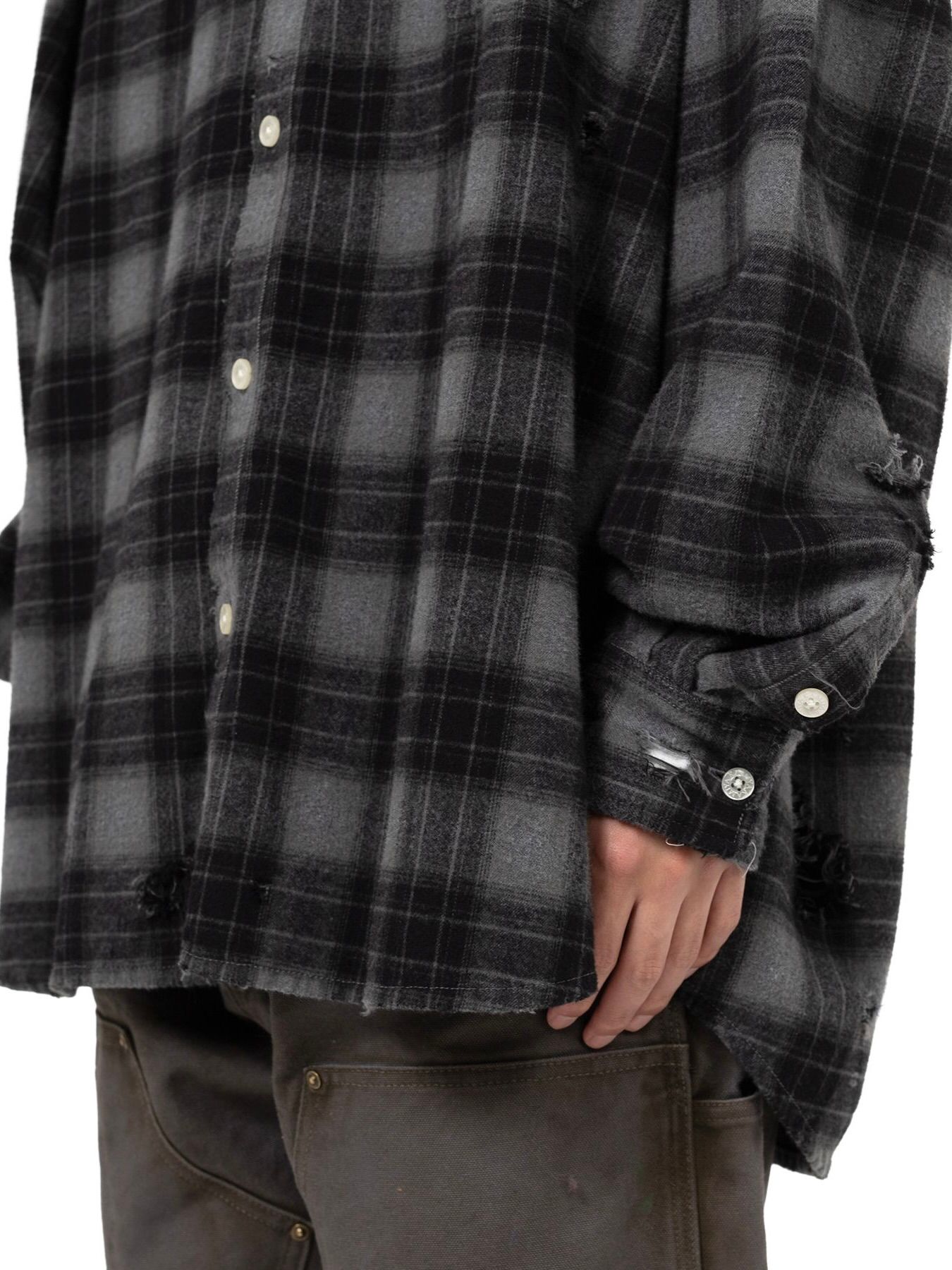【25AW】ディストレスド フーデッド チェックシャツ / DISTRESSED HOODED CHEAKED SHIRT / ブラック