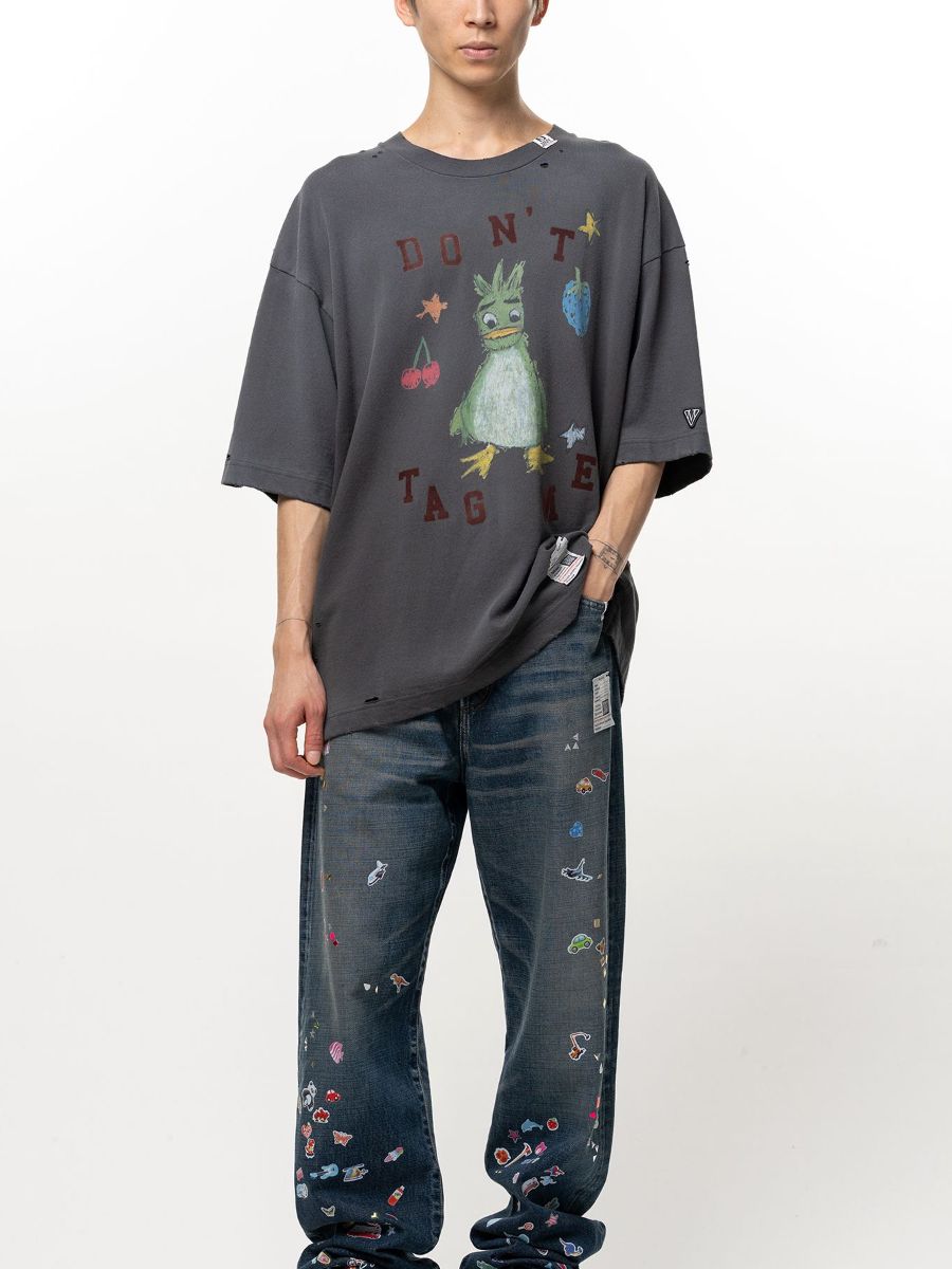 【26AW】 キッズ ドゥードゥル Tシャツ レオン君 ダメージ加工 半袖 / KIDS DOODLE TEE / ブラック