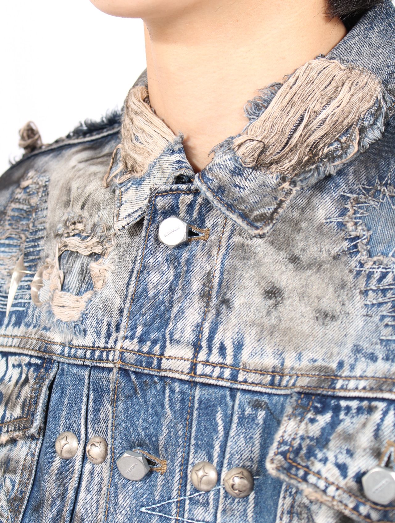 【25AW】ハードウォッシュド ダメージ デニム ジャケット / HARD-WASHED DAMAGED DENIM JACKET / ブルー