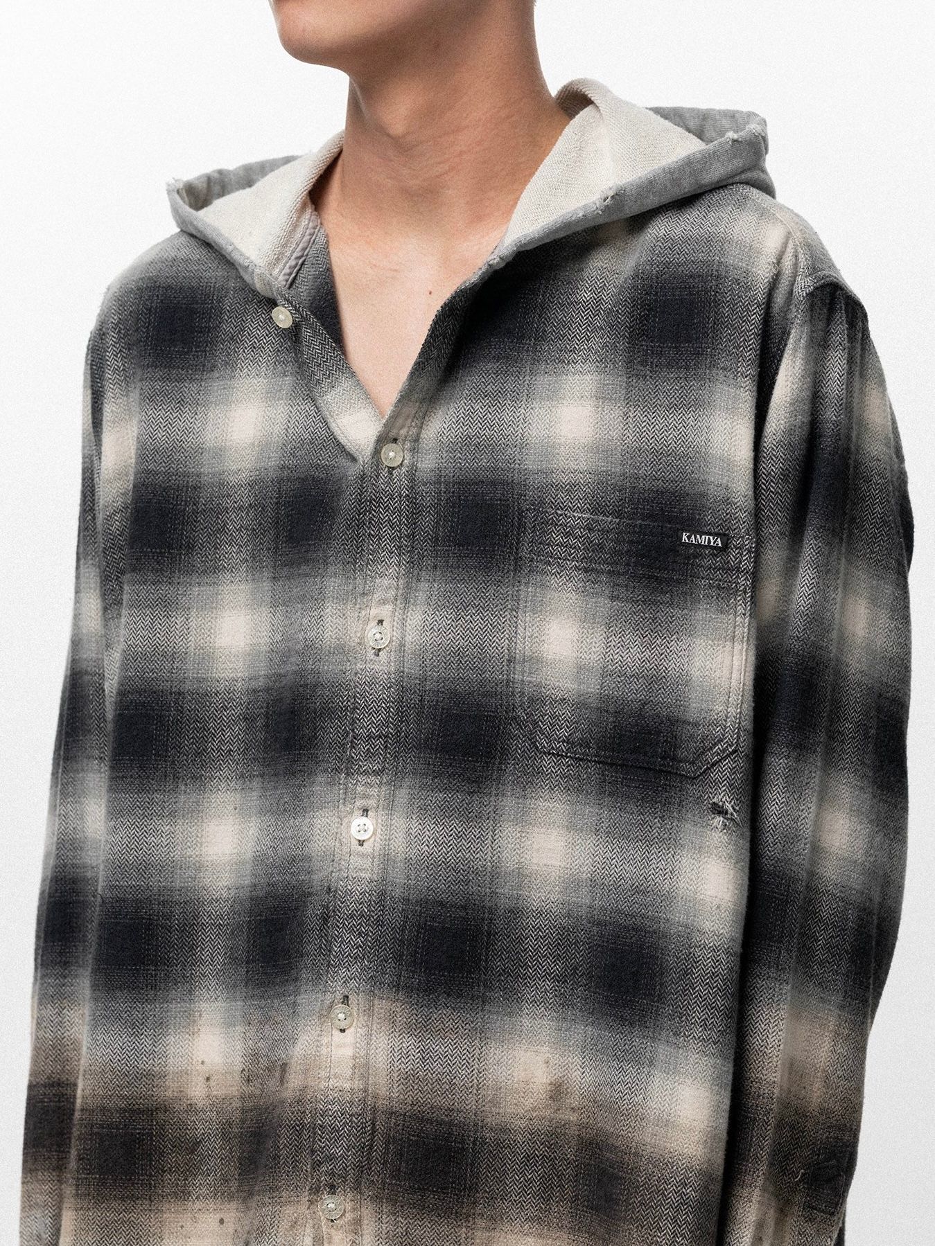 【26SS】ディストレスド フーディッド チェック シャツ / DISTRESSED HOODED CHECKED SHIRT / ブラック