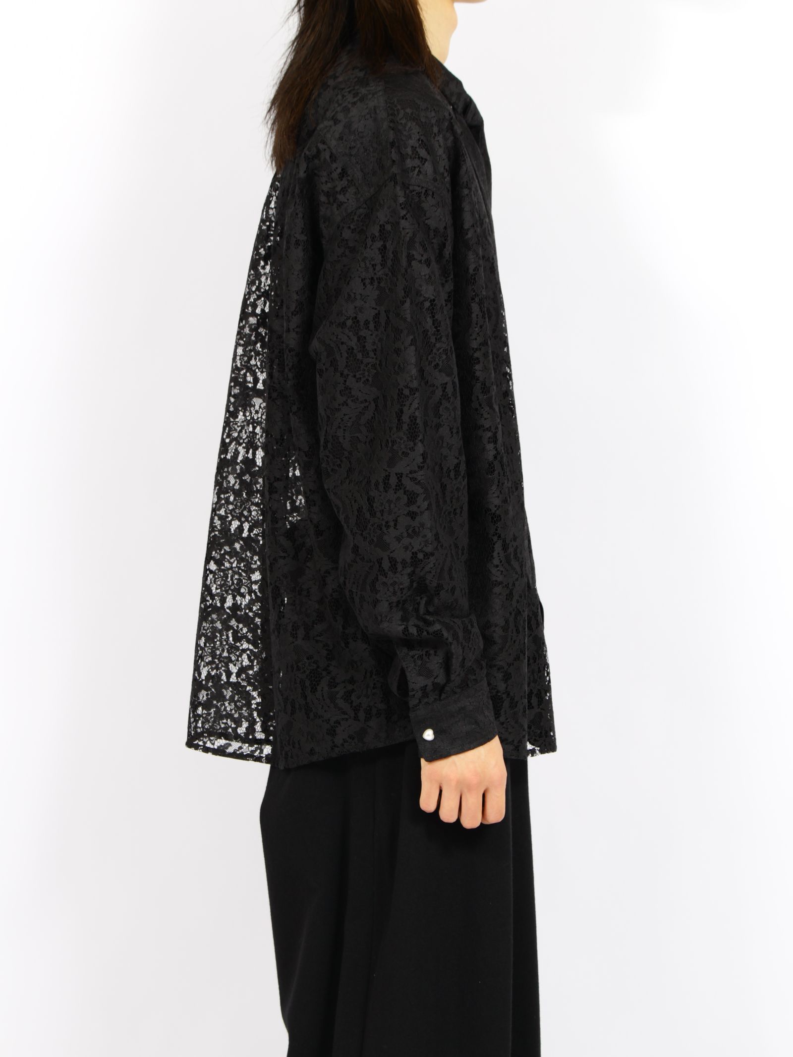 【26AW】フラワーレース ボウタイ シャツ 花柄レース 長袖シャツ / FLOWER LACE BOW TIE SHIRT / ブラック