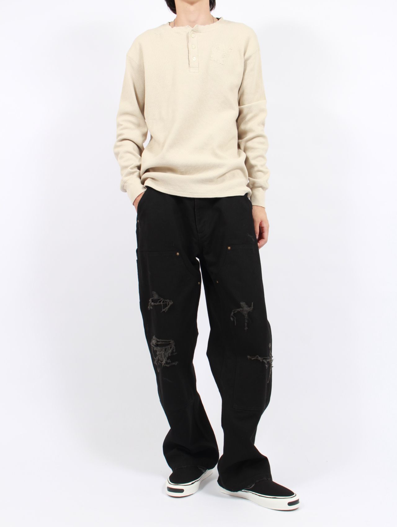 【25AW】ボロ ワッフルニット ヘンリー ロングスリーブ Tシャツ / BORO WAFFLEKNIT HENLEY L/S TEE / ベージュ