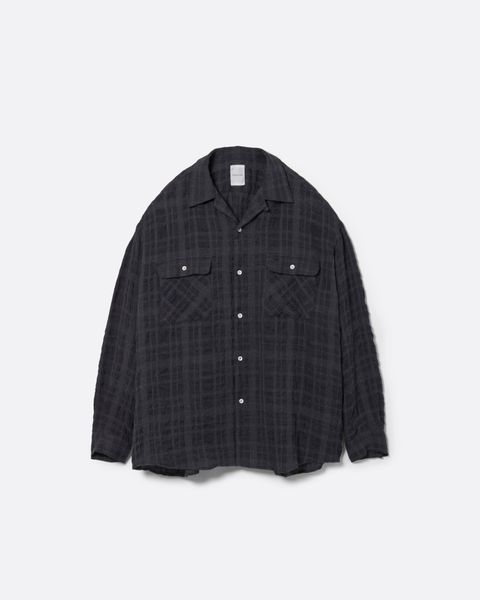 コットン ウール シアサッカー チェック オープン カラー シャツ / COTTON WOOL SEERSUCKER CHECK OPEN / MOUSE NAVY(マウス ネイビー)