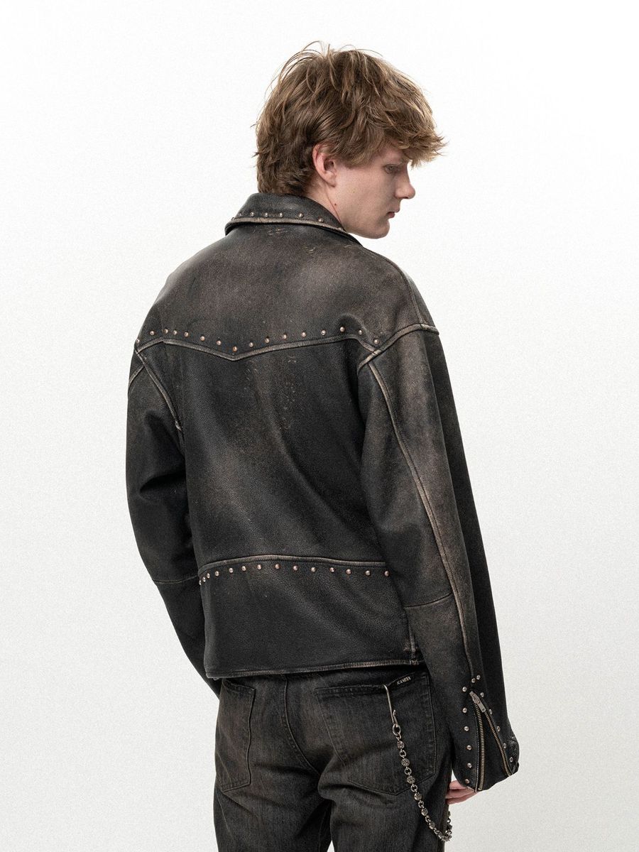 【26AW】 ディストレスト レザー スタデッド バイカー ジャケット / DISTRESSED LEATHER STUDDED BIKER JACKET / ブラック