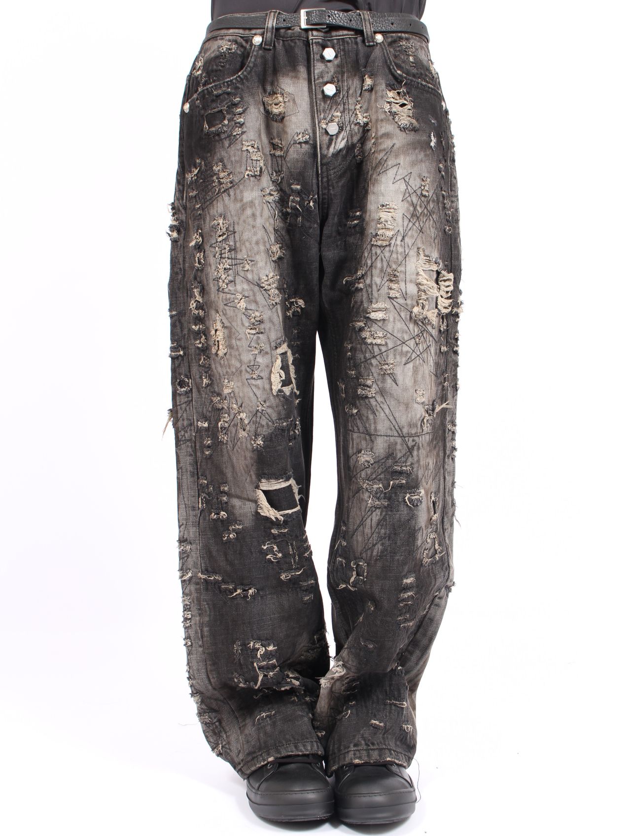 【25AW】ハードウォッシュド ダメージ デニム パンツ / HARD-WASHED DAMAGED DENIM PANTS / ブラック