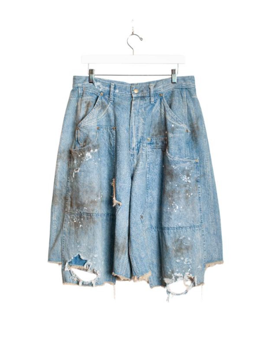 ブロークン ダブルニー デニム ショーツ ハーフ パンツ / BROKEN DOUBLE KNEE DENIM SHORTS / インディゴ