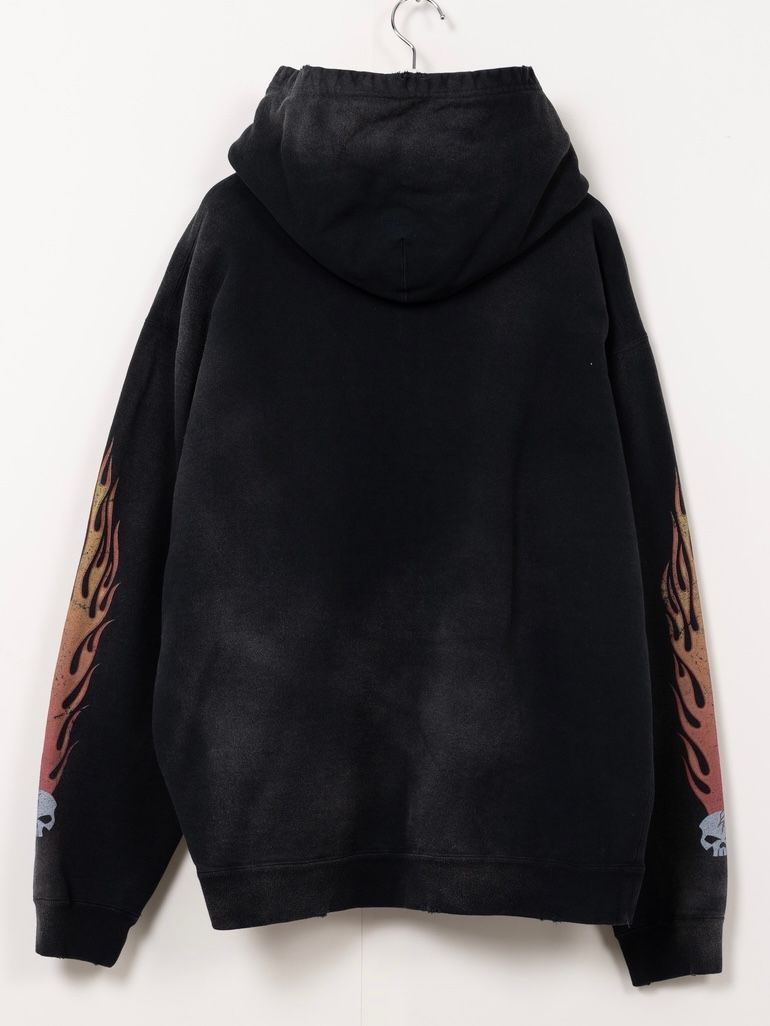 【25AW】スカル フレイム ディストレスド ジップ パーカー / "SKULL FLAME"DISTRESSED ZIP HOODIE / ブラック