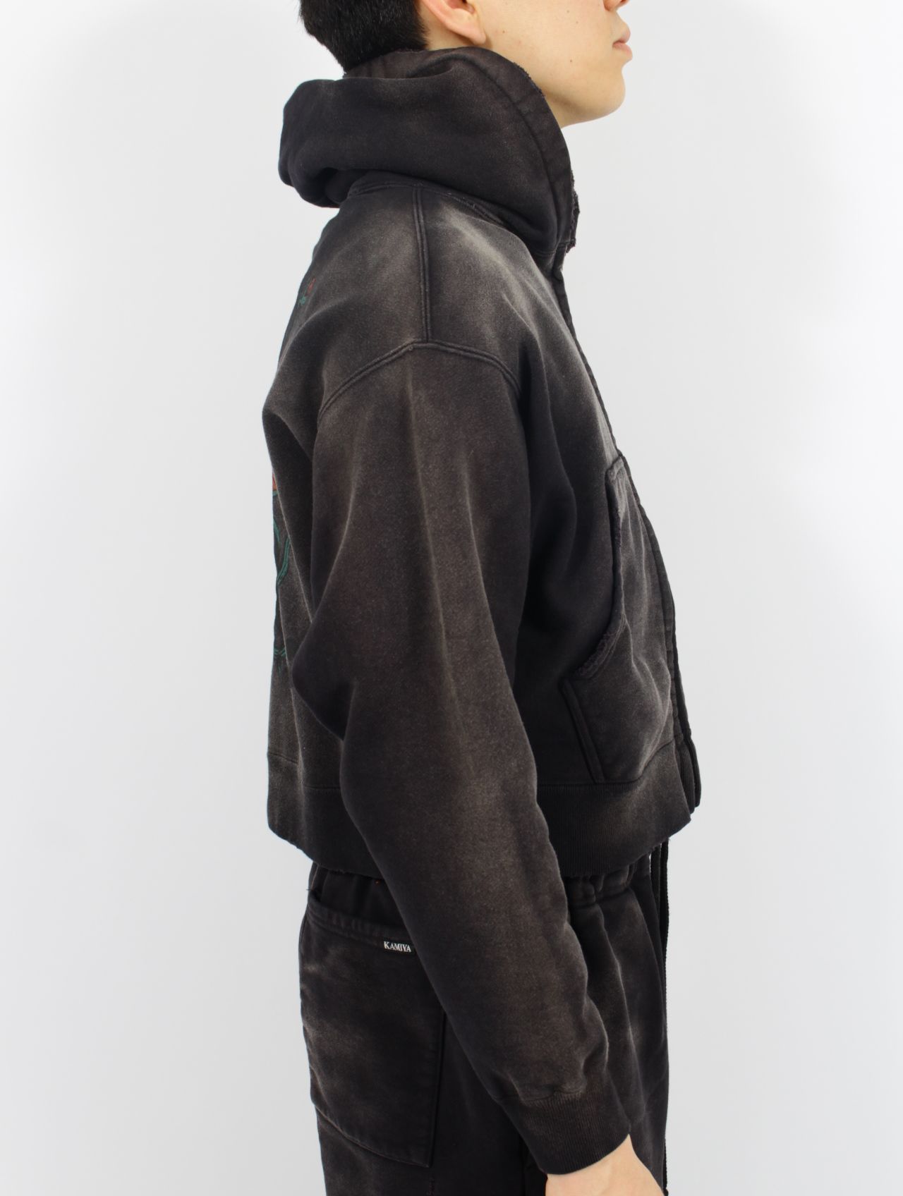 【25SS】"カミヤ-ローズ" ディストレスド ジップ フーディー パーカー / “KMY-ROSE” DISTRESSED ZIP HOODIE / ブラック