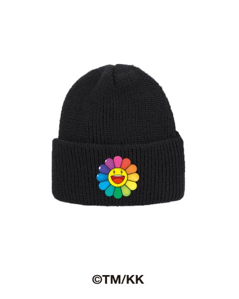 レインボーフラワープリント ニットキャップ / Rainbow Flower Beanie / ブラック × マルチ