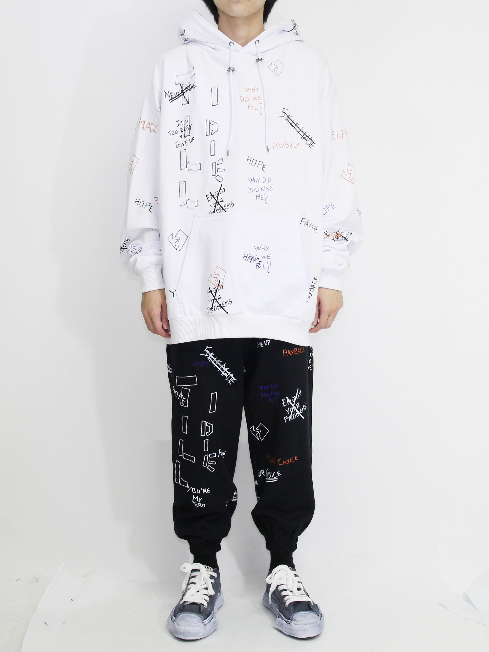 【20AW】総柄 刺繍プリント パーカー / WRITTINGS HOODIE / ホワイト