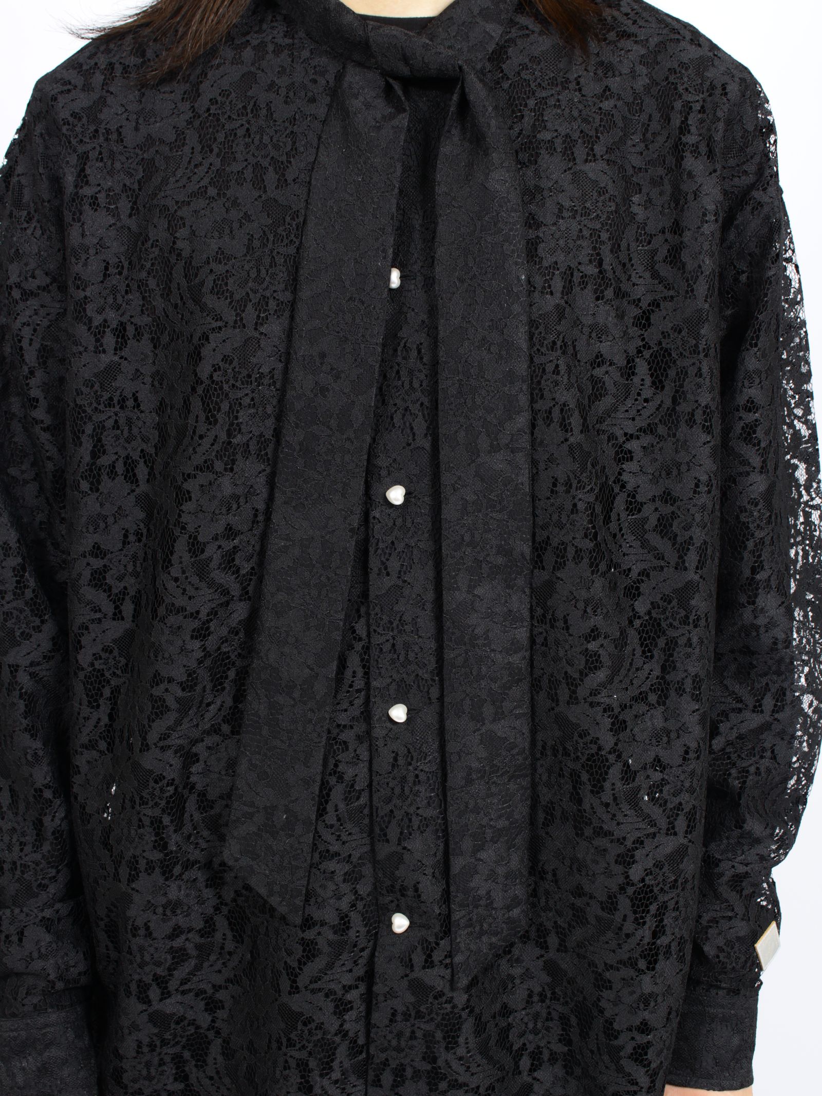 【26AW】フラワーレース ボウタイ シャツ 花柄レース 長袖シャツ / FLOWER LACE BOW TIE SHIRT / ブラック