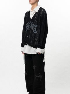 【26SS】ウェービー カミヤ プリンテッド シルクレース ニット カーディガン / "WAVY KAMIYA" PRINTED SILK LACE KNIT CARDIGAN / ブラック