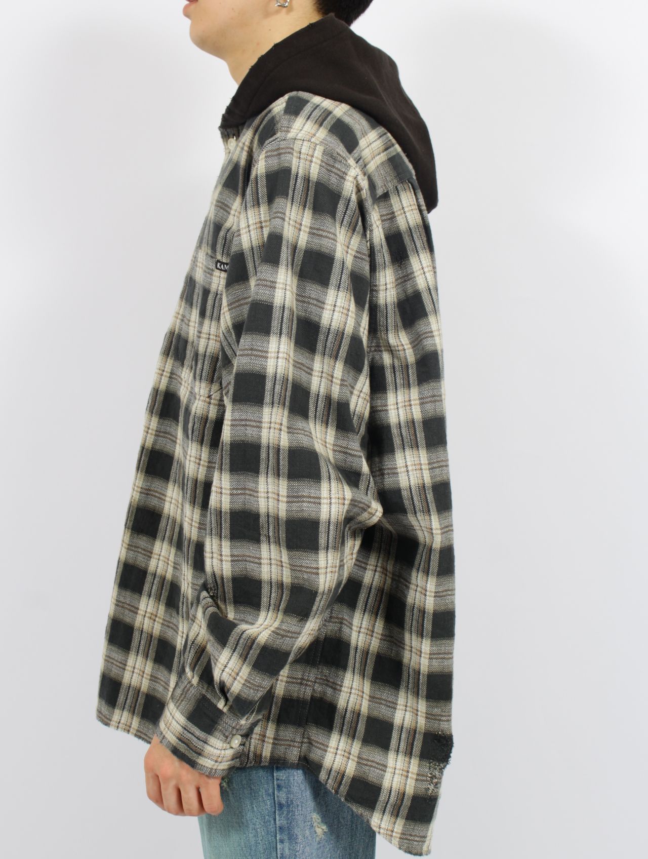 【25SS】ディストレスト チェック シャツフーディー パーカー / DISTRESSED CHECK SHIRT HOODIE / ブラック