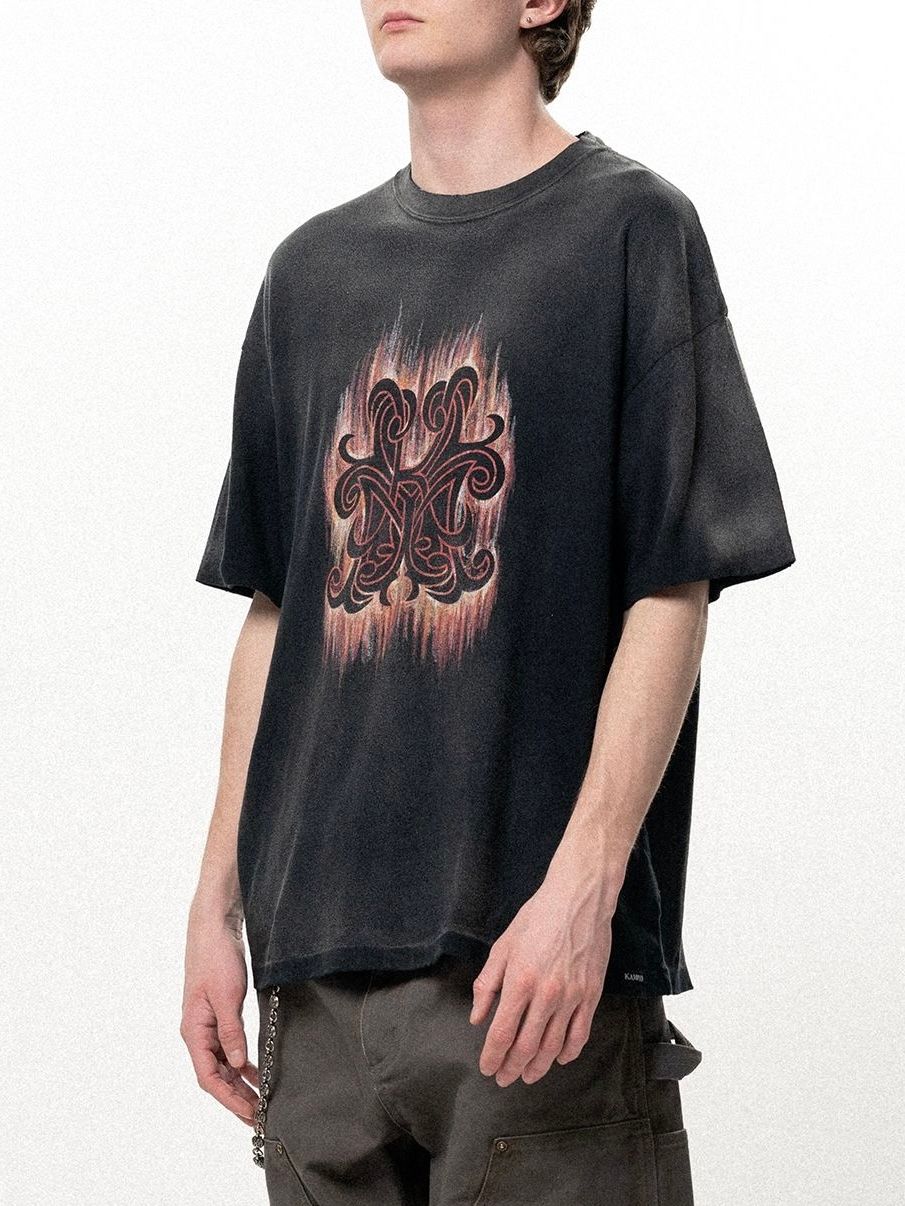 【26SS】"クレヨン フレーム" ディストレスド カミヤ Tシャツ / ”CRAYON FLAME" DISTRESSED TEE / ブラック