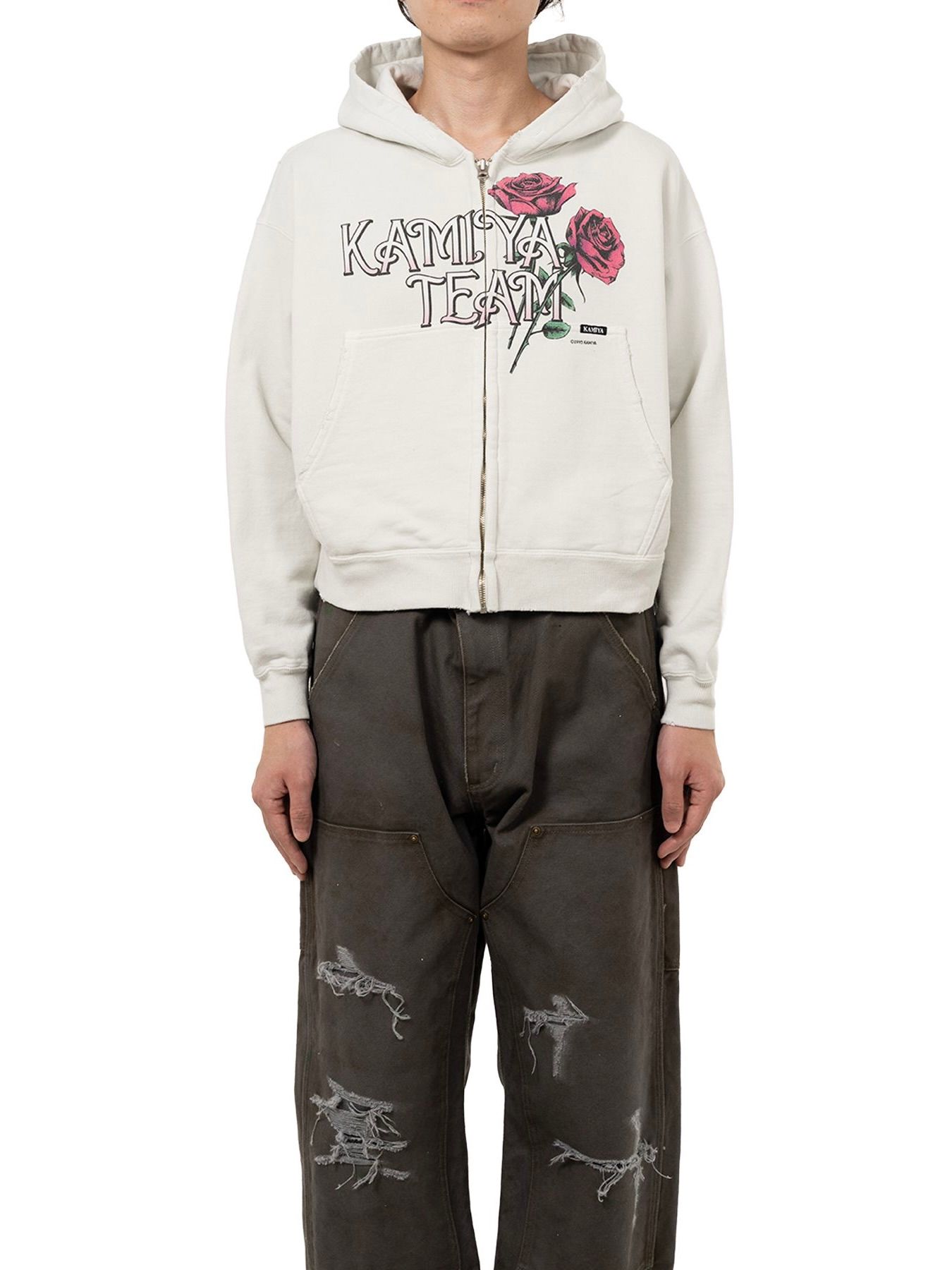 【25AW】ローズ ディストレスド ジップ ショート パーカー / "ROSE"DISTRESSED ZIP SHORT HOODIE / ホワイト