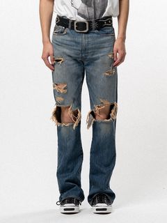 【BTS JIN 着用】ディストレスド スリム ブーツカット ダメージ加工 デストロイ ジーンズ / DSTRSD SLM BOOTCT JEANS / インディゴ