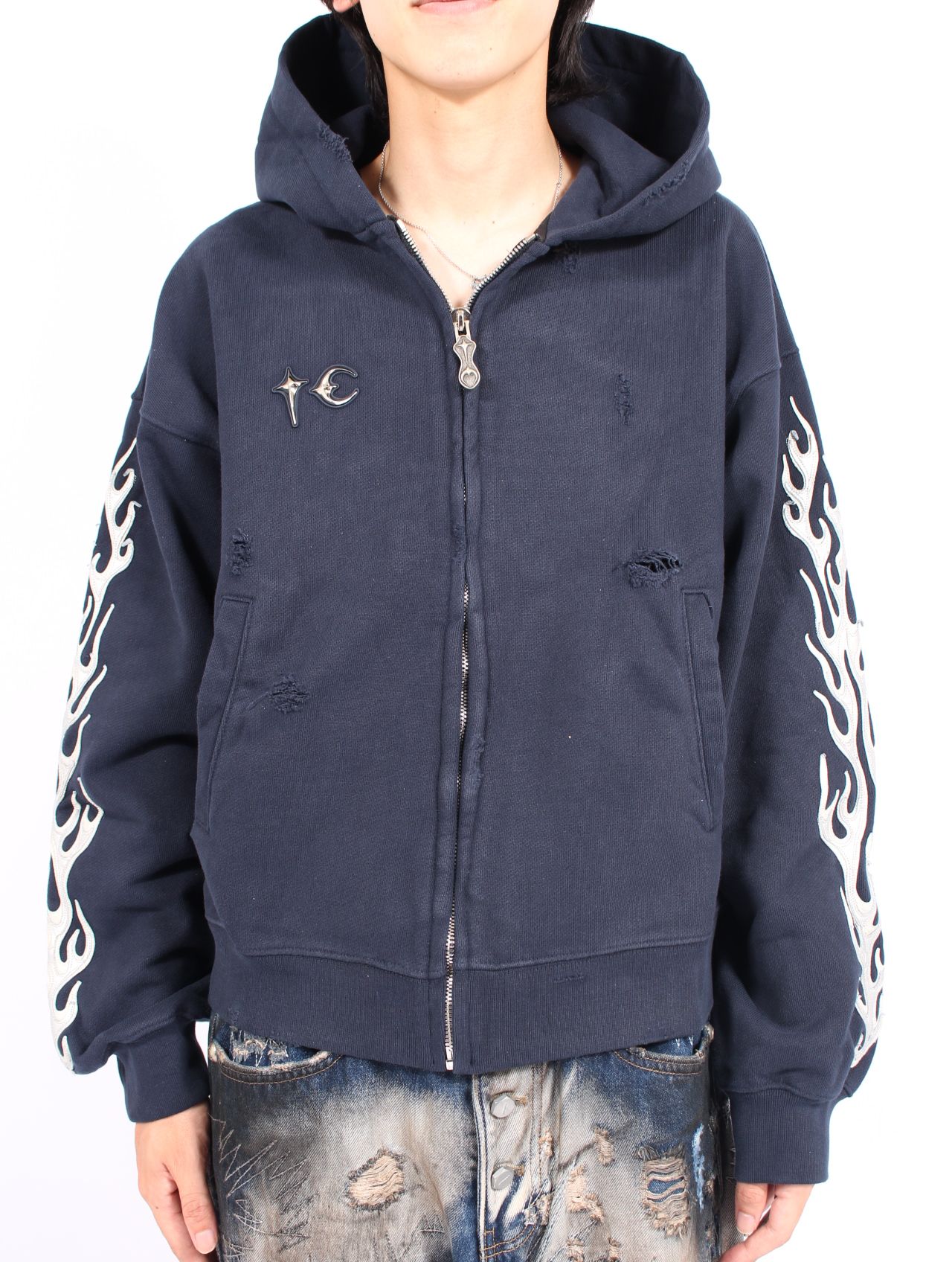 【25AW】レザー フレーム ジップアップ パーカー / LEATHER FLAME HOODED ZIP-UP / ネイビー