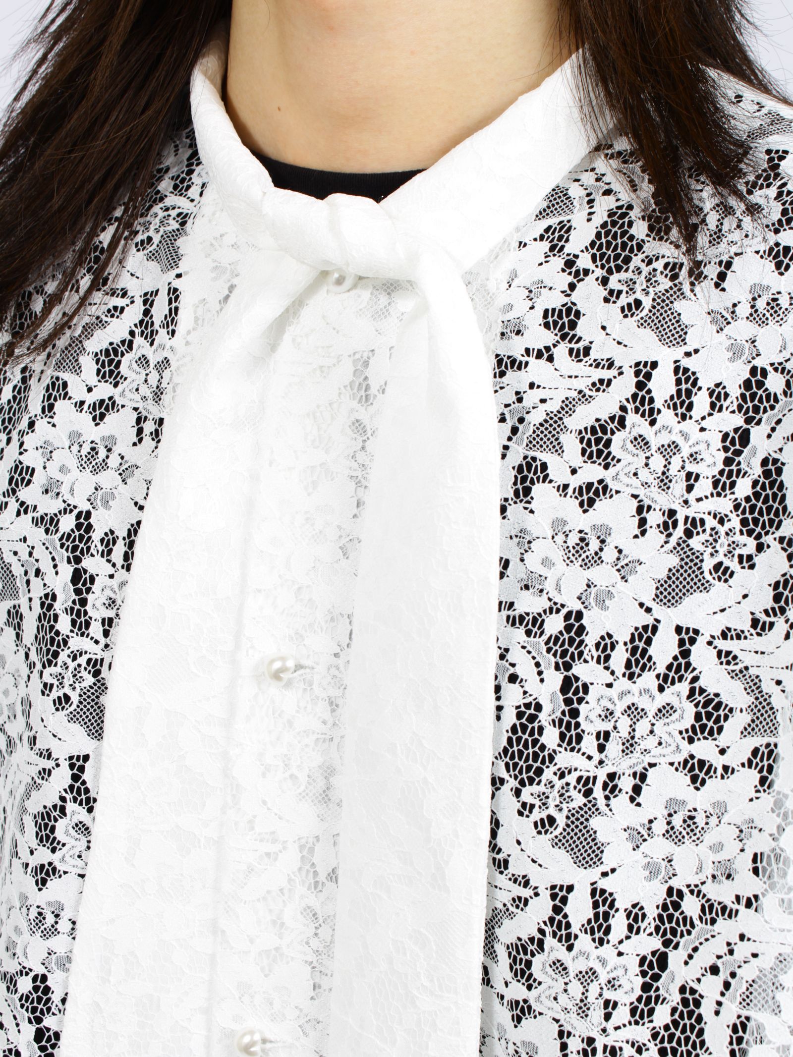 【26AW】フラワーレース ボウタイ シャツ 花柄レース 長袖シャツ / FLOWER LACE BOW TIE SHIRT / ホワイト
