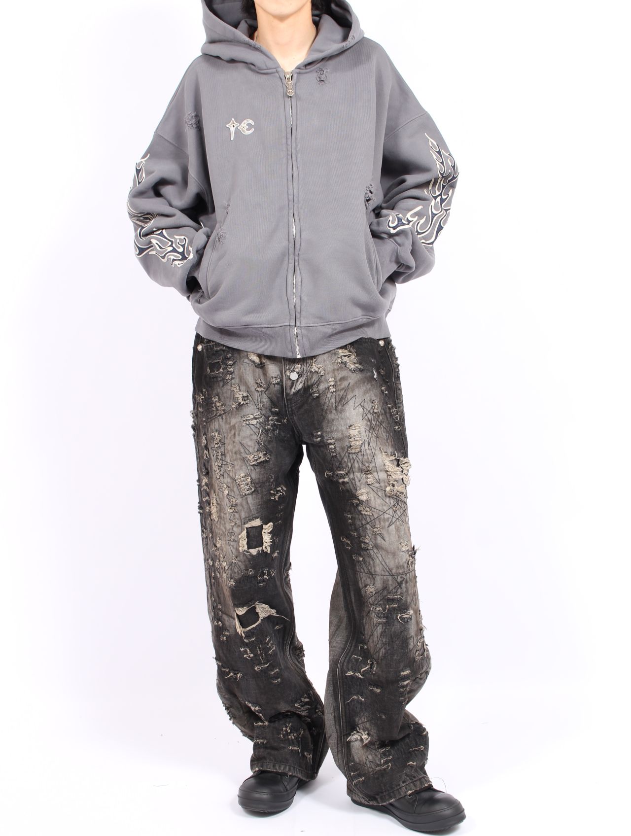 【25AW】レザー フレーム ジップアップ パーカー / LEATHER FLAME HOODED ZIP-UP / グレー