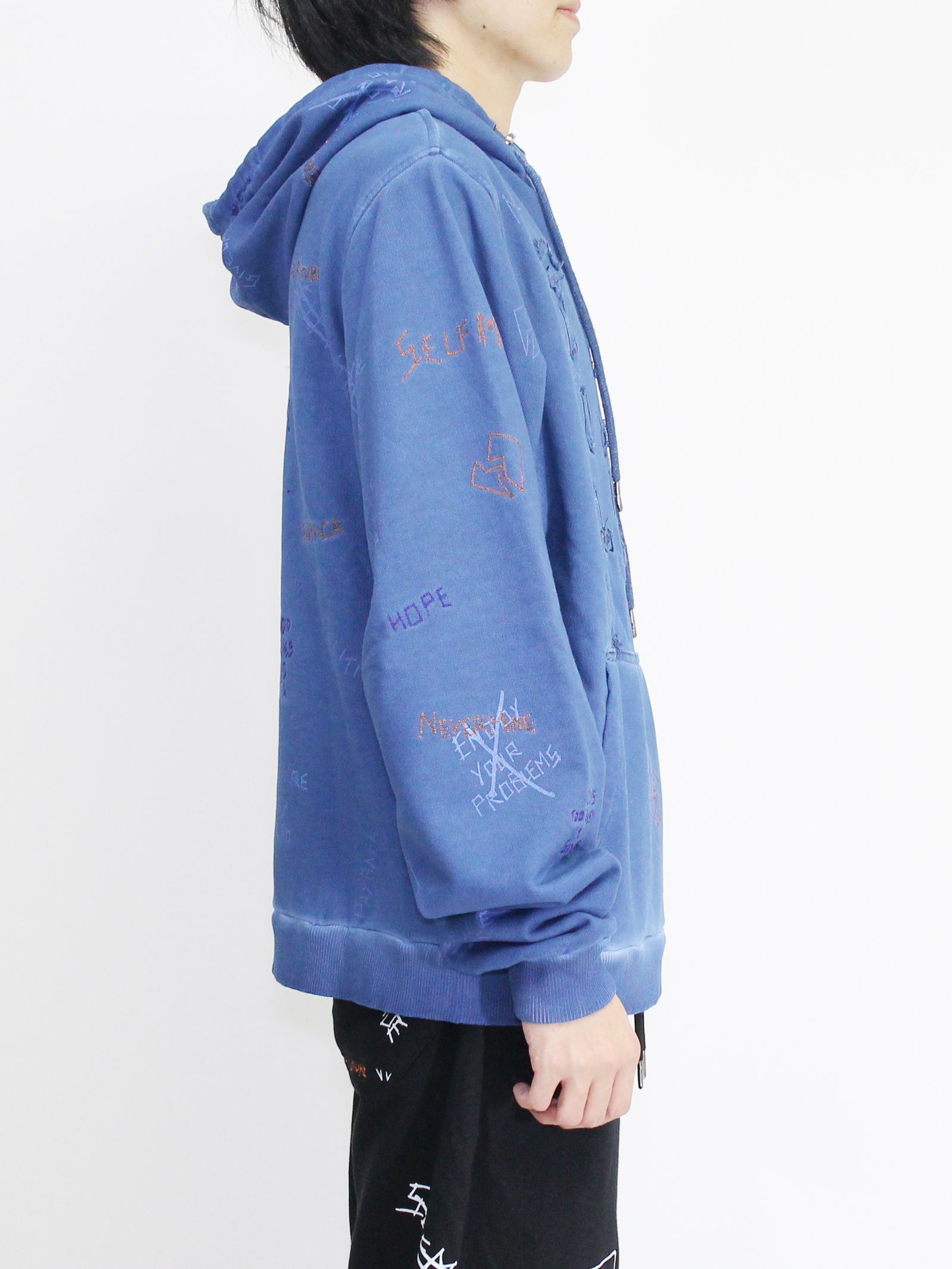 【20AW】総柄 刺繍プリント パーカー / WRITTINGS HOODIE / ネイビー