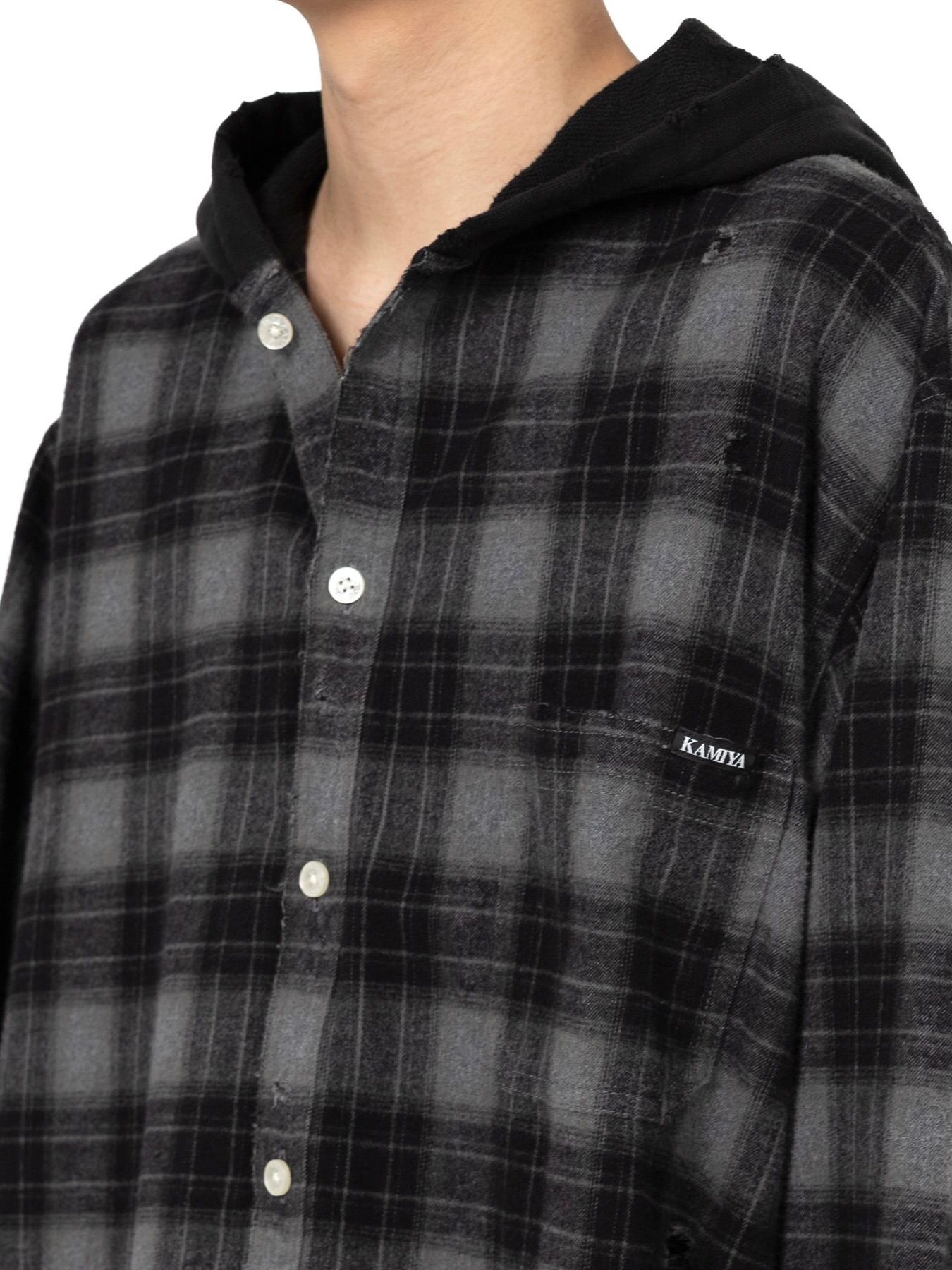【25AW】ディストレスド フーデッド チェックシャツ / DISTRESSED HOODED CHEAKED SHIRT / ブラック