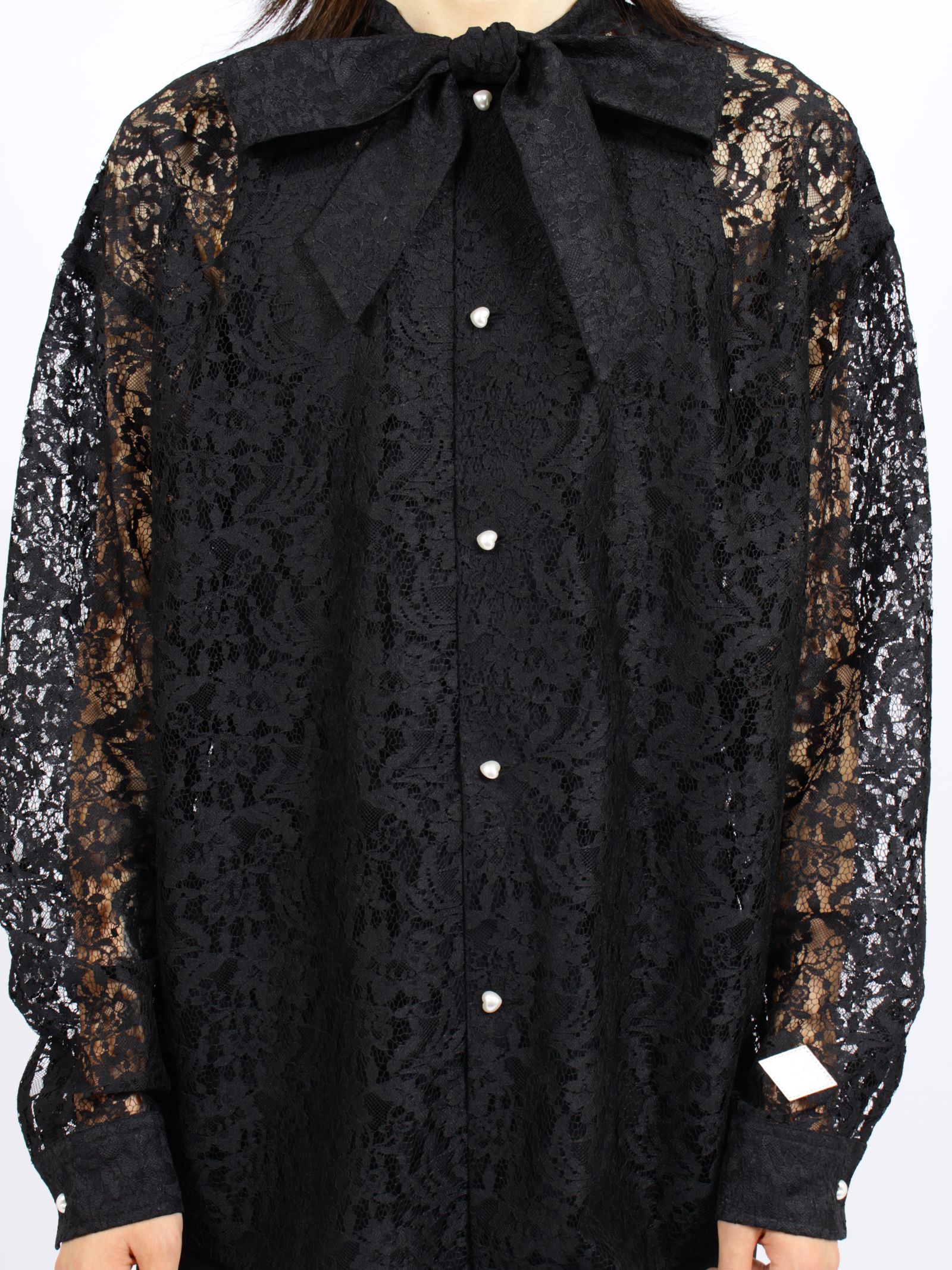 【26AW】フラワーレース ボウタイ シャツ 花柄レース 長袖シャツ / FLOWER LACE BOW TIE SHIRT / ブラック