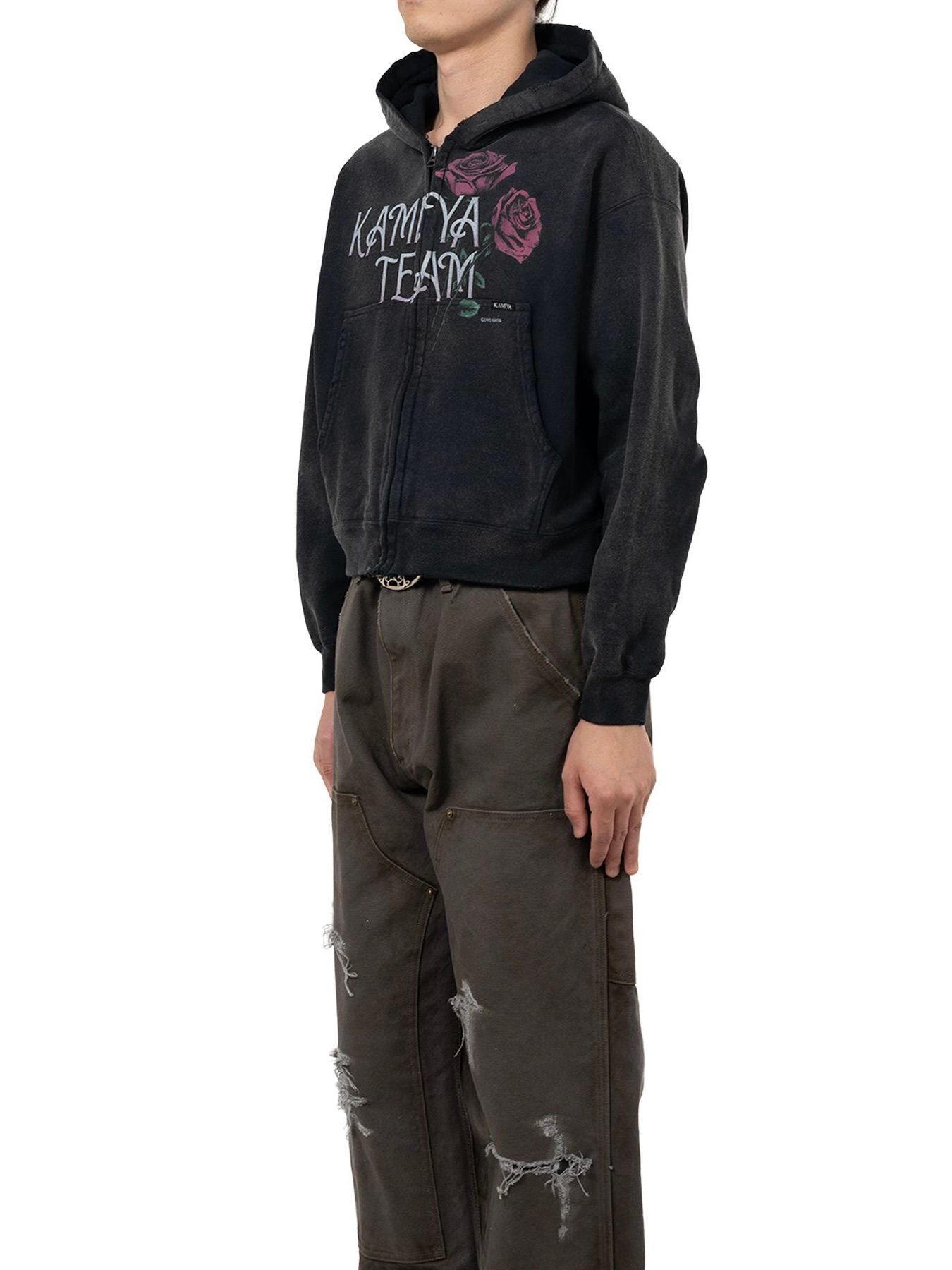 【25AW】ローズ ディストレスド ジップ ショート パーカー / "ROSE"DISTRESSED ZIP SHORT HOODIE / ブラック