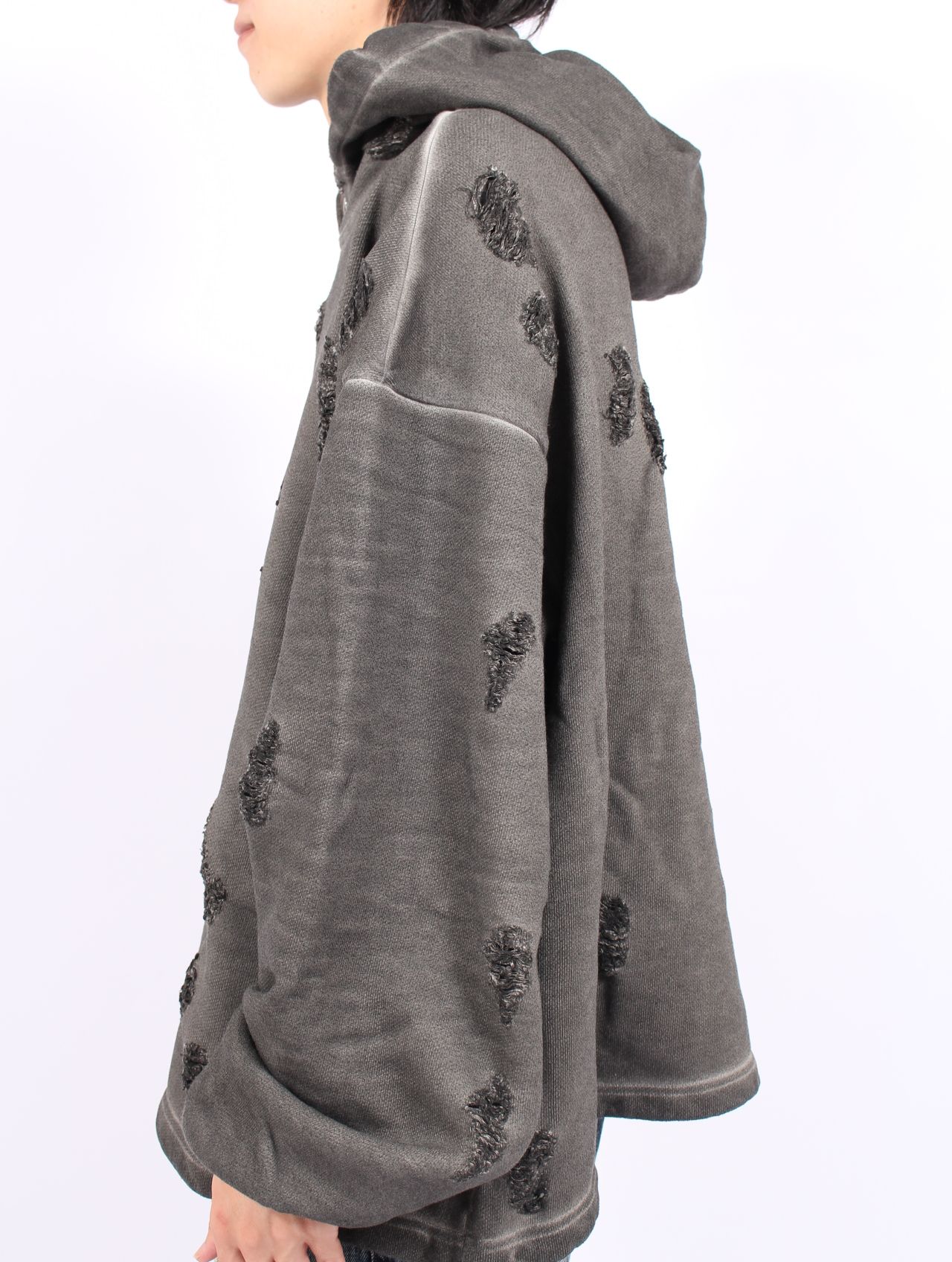 【25AW】ロック フーディー  TCロゴ レザー ダメージ加工 パーカー / ROCK HOODIE / グレー