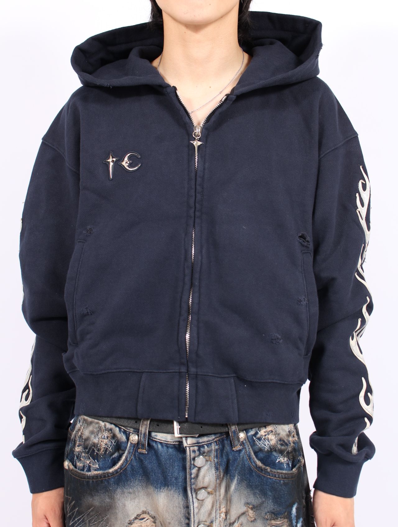 【25AW】レザー フレーム クロップド ジップアップ パーカー / LEATHER FLAME CROPPED HOODED ZIP-UP / ネイビー