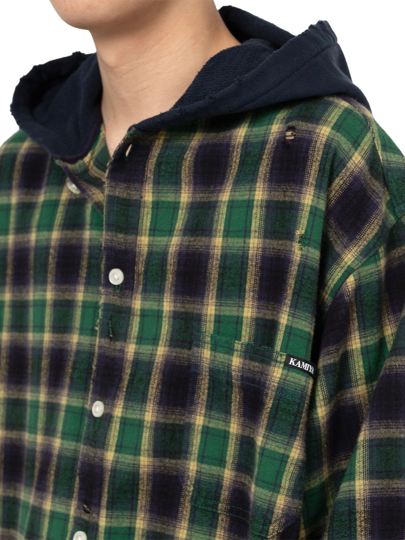【25AW】ディストレスド フーデッド チェックシャツ / DISTRESSED HOODED CHEAKED SHIRT / グリーン