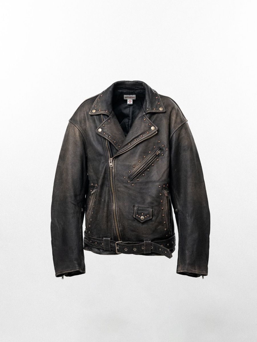 【26AW】 ディストレスト レザー スタデッド バイカー ジャケット / DISTRESSED LEATHER STUDDED BIKER JACKET / ブラック