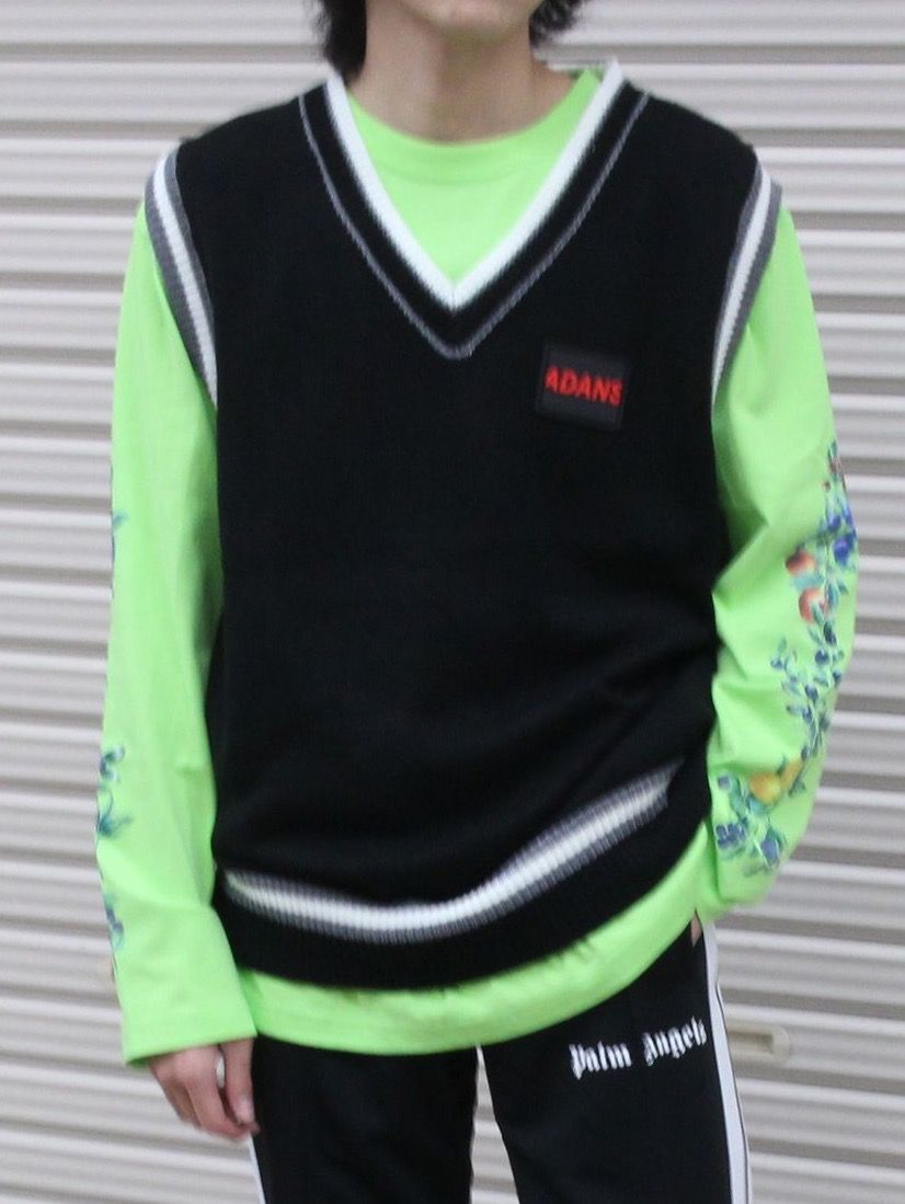 「2020AW」胸ロゴ ライン ニット / SILICON TAG KNIT VEST / ブラック