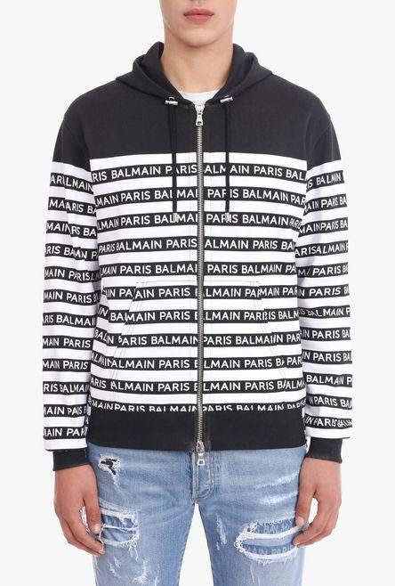 BALMAIN - ロゴストライプ ジップアップ スウェットパーカー - BLACK